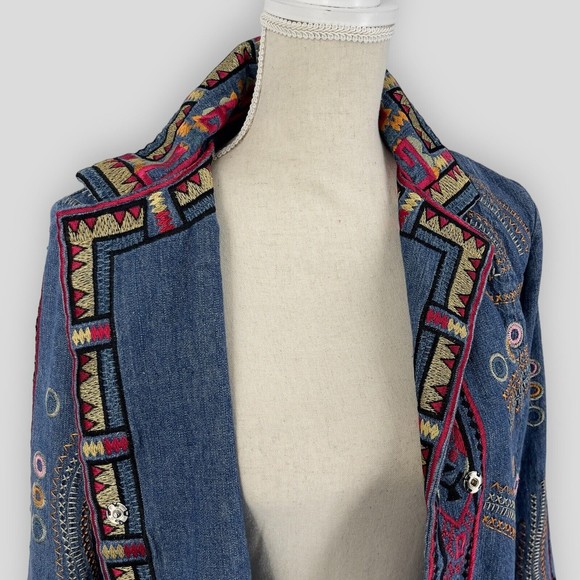 Coldwater Creek Embroidered Bohemian Hippie Denim Jacket Long Sleeve Womens PS - Picture 13 of 16